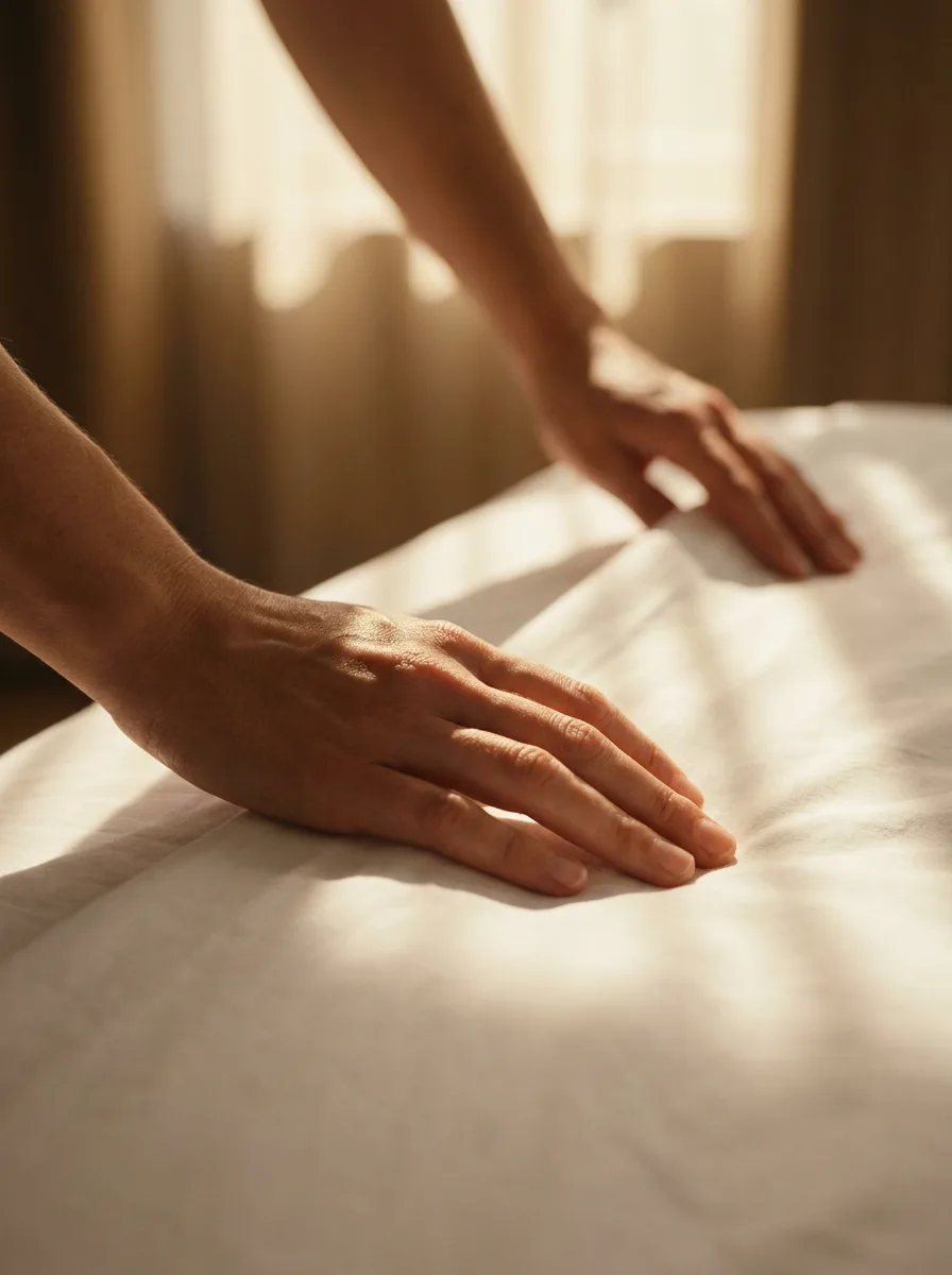 Fresh linen smoothed by hand for the next guest
