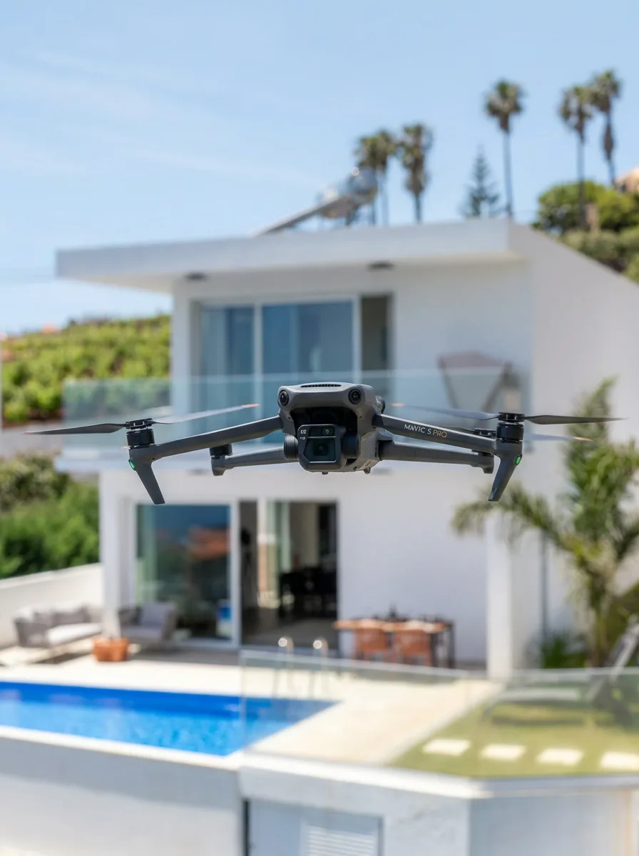 A drone filming the villa from above