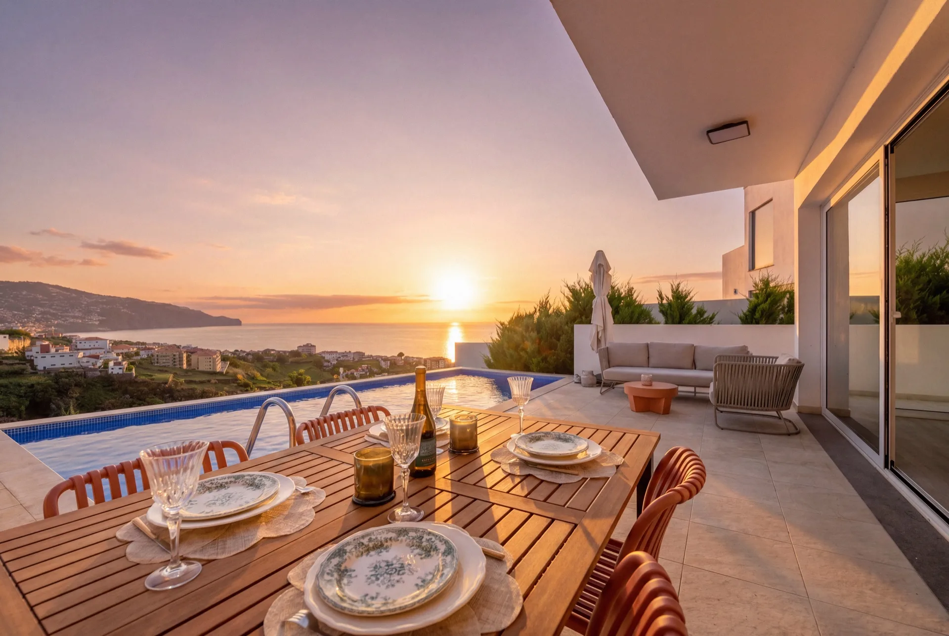 The terrace and pool caught at sunset